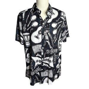 Manfinity Music Themed Button Up Shirt Large Black White Short Sleeve Hawaiian